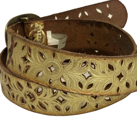 Fossil Distressed Laser Cut Tooled Gold Tone Belt Western Bling Festival Cowgirl - Picture 10 of 11